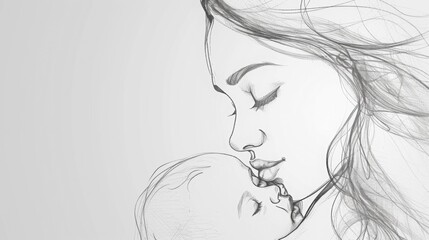 Close Up of Mother Holding Baby Pencil Sketch. Mother's Day Concept