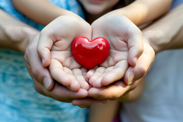 Concept of family health insurance, world heart day, world health day and foster home. Family hands holding red heart
