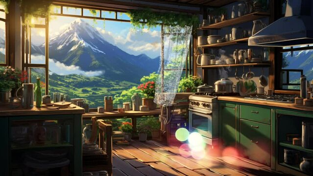 traditional house in the village motion loop with beautiful mountains, perfect for motion anime background