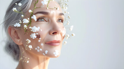 Middle aged woman with gray hair and delicate flowers on her face advertises anti-aging cosmetics. Copy space. Banner