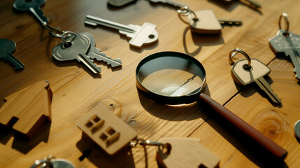 Rental housing market, searching new house to buy, keys and key rings with a magnifier on a wooden table created with Generative AI
