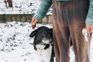 An elderly homeless man, an old man caresses his hand on the head of an old big sad hungry mongrel dog with scars in the winter on the snow outdoors. Close-up photograph of an animal with a person.