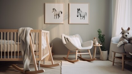 Baby room in Scandinavian style with a swing chair, a wooden cot next to a white wall with framed horse paintings.
