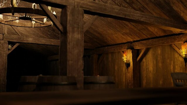 Inside the tavern there are lit torches and a chandelier with candles. 3D animation.
