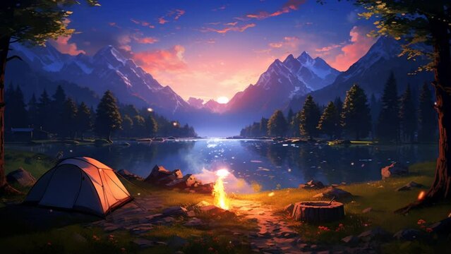 camping in the blue mountains with river in the night, perfect for motion anime background