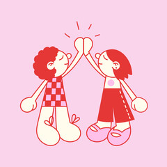 Cartoon girls give high five vector illustration. Red and pink. - 732551753