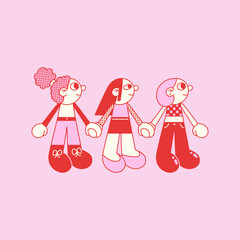 Cartoon girls holding hands vector illustration. Red and pink. - 732551757