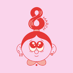 8 march lettering with a cute girl face vector art. Red & pink. - 732551765