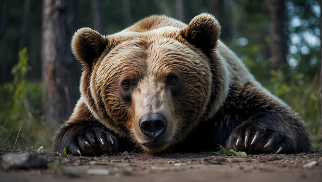 A close-up of a bear lounging on the ground with its front paws down, making eye contact with the camera.