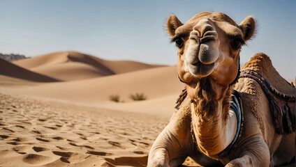 A close-up of a camel resting on the desert sand with its front legs folded, calmly observing the camera.