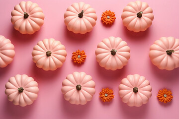 Top view of pumpkins. Clean and neat design, warm pink colors.