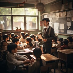 teacher reading a book to young children in a classroom filled with light and flying leaves. Concept: the joys of learning and volunteer education of children in school or kindergarten