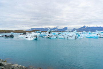 Iceland. Ice as a background. Vatnajokull National Park. Panoramic view of the ice lagoon. Winter landscapes in Iceland. Natural background. Jökulsárlón lake in Iceland