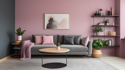 Fototapeta na wymiar Elegant Living Room with Dusty Pink Walls and Grey Couch with Modern Aesthetic