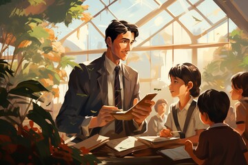 illustration of a teacher reading a book to young children in a classroom filled with light and flying leaves. Concept: the joys of learning and raising children in school or kindergarten