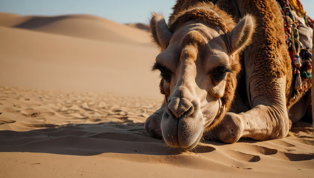 A close-up of a camel resting on the desert sand with its front legs folded, calmly observing the camera.