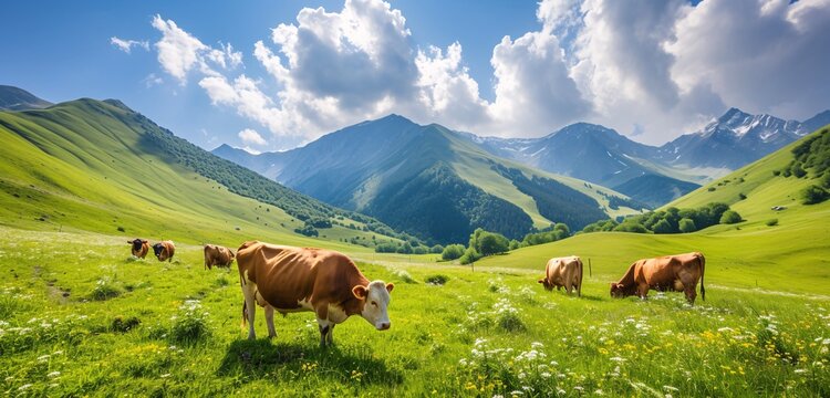 cows grazing in a grassy field with mountains in the background