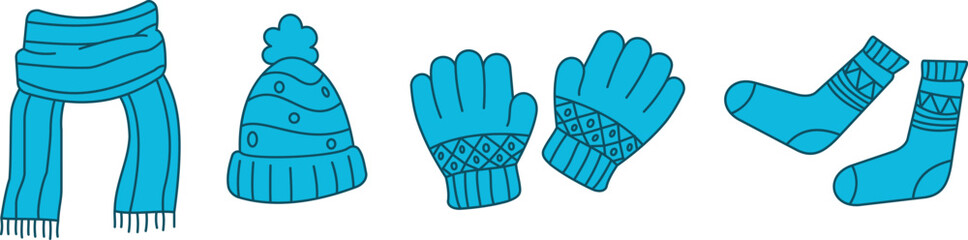 warm clothes for a snow resort and mountain walks, hat, mittens, scarf,