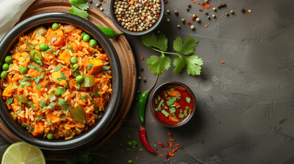 Indian food. Bowl of Indian food on black background. Top view