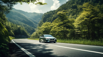 EV (Electric Vehicle) electric car is driving on a winding road 