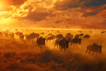 Animal migration or migratory wildebeest herds. African savannah, common wildebeest or brindled gnu, antelopes, gnus or wildebai - obrazy, fototapety, plakaty