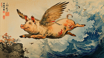 Winged pig flying over ocean waves. Japanese style illustration. If pigs could fly. - obrazy, fototapety, plakaty