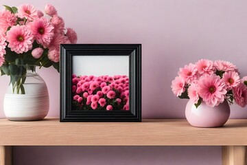 mock up of blank black photo frame with pink flowers 