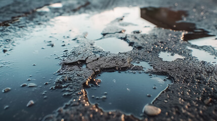 Close-up photo of a cracked, water-logged road surface, Water-logged Road Surface - Evocative Image Capturing the Intersection of Nature's Forces and Man-Made Infrastructure Decay