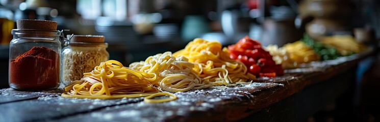 Pasta with ingredients for preparing an Italian dish. Concept: food made from durum flour, high-quality raw materials for cooking - Powered by Adobe