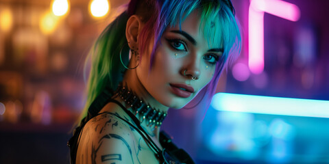 close portrait of a beautiful young Crazy blue pink piurple green colored hair alternative girl...