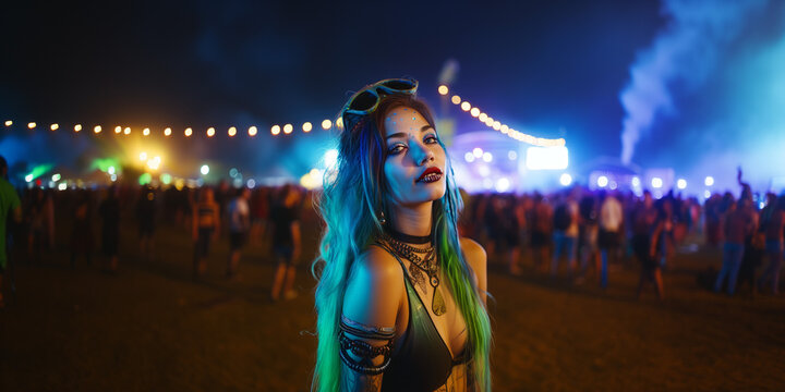 close portrait of a beautiful young Crazy blue pink piurple green colored hair alternative girl egirl  with piercings smiling enjoy a music festival 