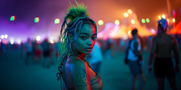 close portrait of a beautiful black young Crazy blue pink piurple green colored rasta hair alternative girl egirl  with piercings smiling enjoy a music festival 