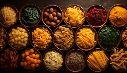 Pasta with ingredients for preparing an Italian dish. Concept: food made from durum flour, high-quality raw materials for cooking