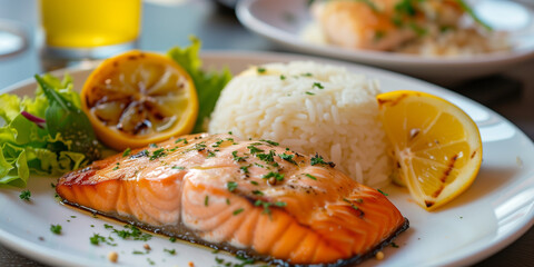 Baked salmon with rice and salad at an elegant restaurant