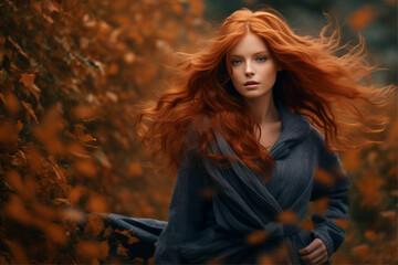 Vivid autumn scene: a red-haired woman walks amidst dark orange and light indigo hues, evoking mage wave aesthetics.