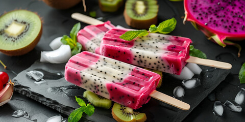 Dragon fruit and kiwi fruit based natural popsicle on dark plate