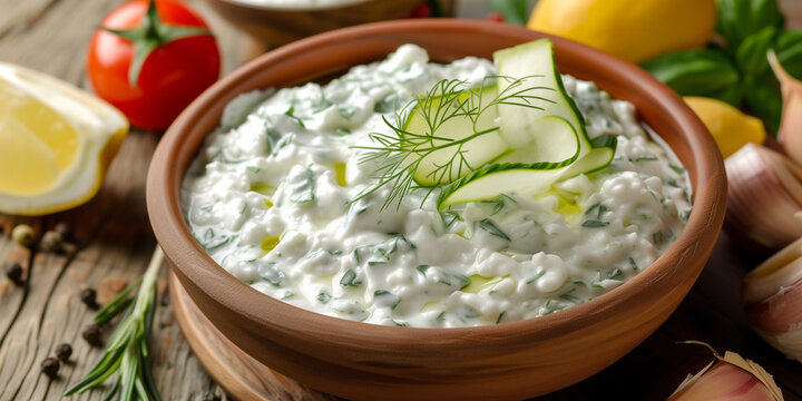 A Bowl of tzatziki from above with seasoning and cucumber at greece with tomato and lemon