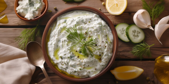A Bowl of tzatziki from above with seasoning and cucumber at greece with tomato and lemon and garlic