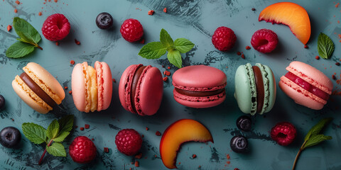 Different taste of macaroon on an elegant marble background with cocoa powder mint leaves...