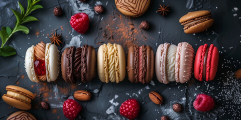 Different taste of macaroon on an elegant marble background with cocoa powder mint leaves rashberries chocolate pieces