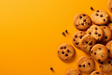 Obraz premium Chocolate chip cookies scattered with chocolate morsels on dark background