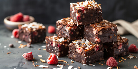 Raspberry coconut brownies on black plate with some fresh raspberies and roasted coconut flakes 