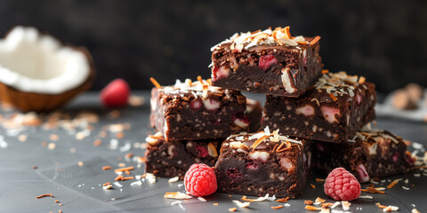 Raspberry coconut brownies on black plate with some fresh raspberies and roasted coconut flakes  - obrazy, fototapety, plakaty