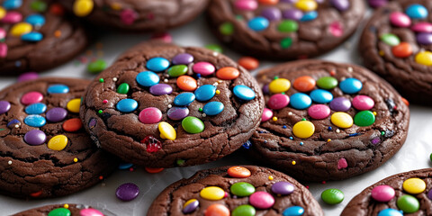 Fototapeta na wymiar Dark chocolate cookies with funfetty colorful sugar candy topping