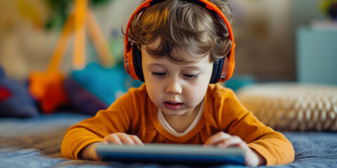 Little kid around 2 or 3 years old using tablet with headphones spend his screentime with game on cartoon watching
