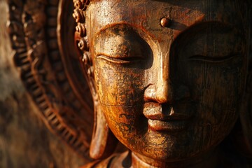 Buddha statue in thai temple, closeup of face - obrazy, fototapety, plakaty