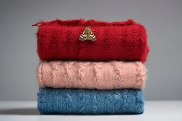 Fototapeta na wymiar Moth sitting on stack of red, pink and blue wool cloth on shelf in white wardrobe