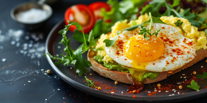 gourmet, brunch, sunny-side up, breakfast, bread, tomato, snack, salad, food, meal, healthy, avocado, ham, red onion, seed, seeds, plate, lettuce, toast, dinner, meat, white, appetizer, vegetable, lun