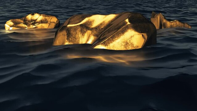 Golden stones in black liquid or oil, abstract background with golden boulders, golden mountains, oil sea, black sea with golden mountain peaks. Gold nuggets. Oil and gold business concept