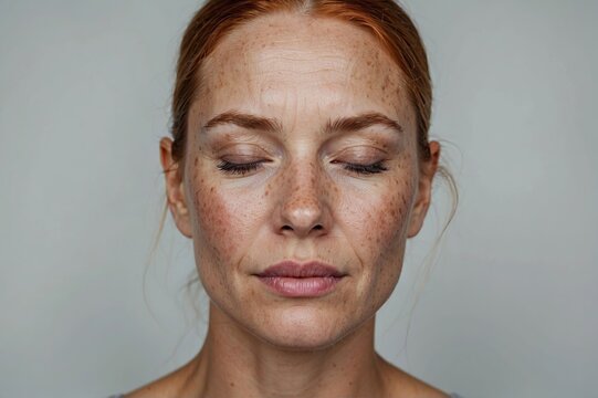 Portrait of middle aged caucasian woman of 40s with closed eyes and freckles